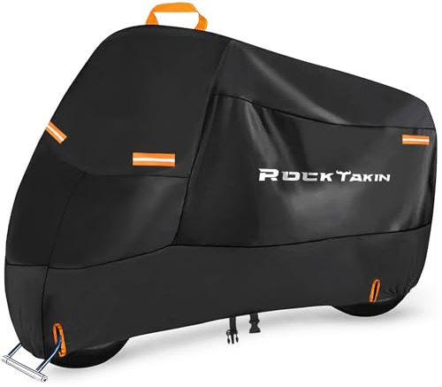 ROCKTAKIN 300D Heavy Duty Motorcycle Cover, Waterproof All Season Outdoor Protection with 4 Reflective Strips & Lock Holes, Fits Most Cruisers, Touring Bikes and Scooters up to 96.5