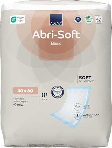 ABENA Abri-Soft Basic Disposable Underpads, 60x40cm, 800ml, Pack of 60 | Disposable Protective Bed & Chair Underpads, Soft, Nonwoven Layer, Waterproof, Dermatologically Tested, Fluff Core