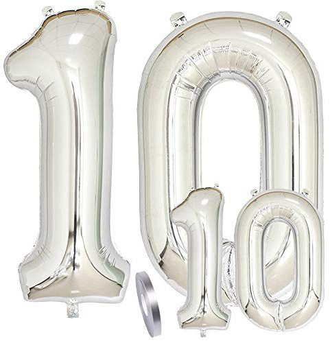 Globos Número 10 Cumpleaños XXL de Plata-Figuras Helio Globo de lámina gigante en 2 tamaños 40y 16 | Set XXL 100cm+Mini 40cm version Decoraciones de cumpleaños |Ideal para el 10 Años como decoración