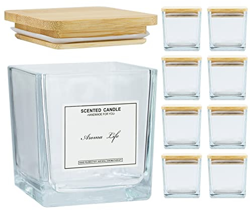 Paquete de 9 tarros cuadrados de vela de 10 onzas con tapas de bambú, recipientes de vidrio grueso con etiquetas de advertencia, recipientes vacíos para hacer velas, manualidades