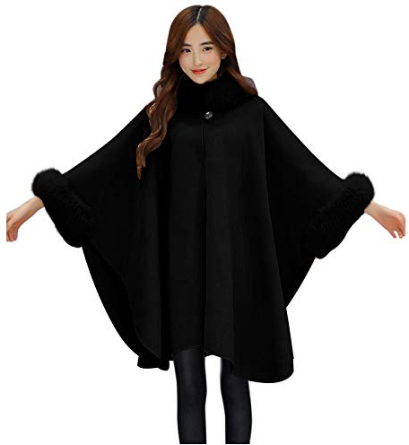 PAIDAXING Cape en tricot pour femme, manteau surdimensionné à col en fourrure avec châle en fausse fourrure, étole, cardigan épais et chaud ouvert sur le devant, veste polaire grande taille pour