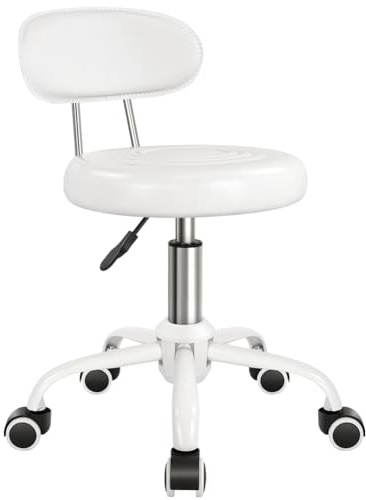Tabouret à roulettes pivotant avec dossier réglable en hauteur en cuir synthétique Idéal pour spa, salon, maison, bureau, travail de dessin (blanc)