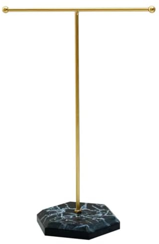 JJiaoLinin Jewellery Organiser Stand, Hanging Jewelry Organizer, Metal T-Bar Necklace Display Stand with Marble Pattern Tray, Jewelry Display Stand for Earrings, Bracelets, Rings and Watches