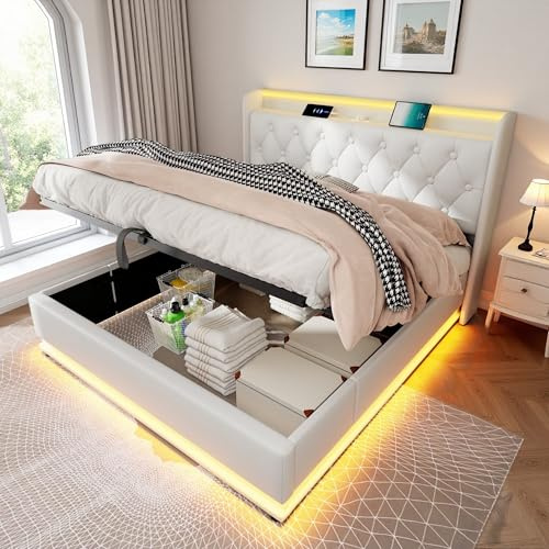 Sapgaks Bett 180 x 200 cm mit Lattenrost, Bettkasten 180 x 200 cm mit Ladefunktion USB & Typ-C und LED 360° Surround, Bett mit Stauraum und gepolstertem Kopfteil, PU, Weiß