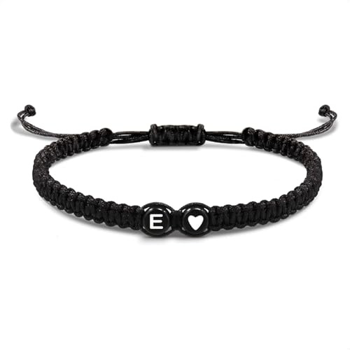 EVEMATE Bracelet avec Lettre et cœur pour amis et couples - Initial A-Z nom - Bracelet-d'amitié tressé pour femmes, hommes et enfants (E)