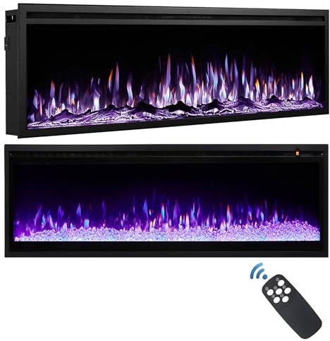 INMOZATA 127cm/50 Inch Electric Fire Wall Mounted/Recessed/Freestanding Electric Fireplace with Remote Control, 12 Colors Flame Effect Media Wall Fireplace, Crystal & Log Set, 900W&1800W(50/127cm)
