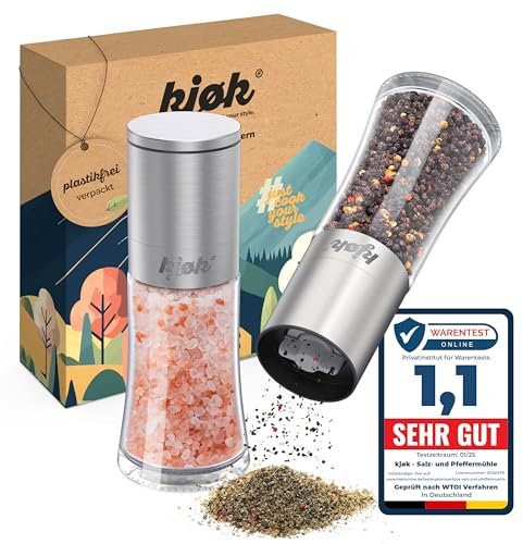 kjøk Premium Macina sale e pepe in acciaio inox spazzolato, vetro e senza BPA - set di 2 macinini manuale con meccanismo in ceramica regolabile - per spezie essiccate - senza contenuto