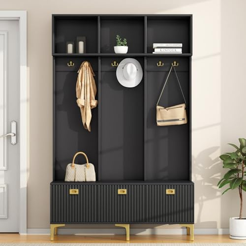 KOMHTOM Vestiaire d'entrée avec Banc Rangement Chaussures Meuble Entree, Porte Manteau avec Crochets Meuble de Rangement avec 3 Compartiments de Rangement Ouverts (Noir)