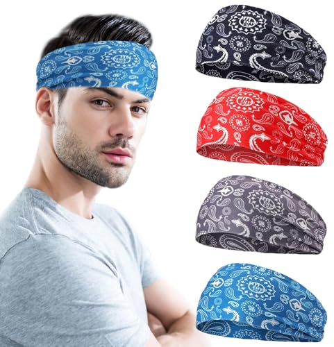 Cinta Pelo Deporte, Lot de 4 Cinta Pelo Hombre, Cintas Pelo Deportivas, Cinta Sudor Cabeza Hombre, Diadema Deportiva Hombre para Correr, Yoga, Ciclismo y Baloncesto