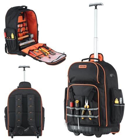 VEVOR Zaino Portautensili con Ruote, Capacità 50 kg, Borsa Portautensili con Ruote da 72 Tasche, Maniglia Telescopica Regolabile e Base Stabile, Organizzatore per Borse per Edilizia, Meccanico