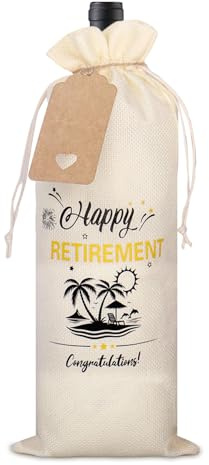 Happy Retirement Wine Gift Bag–Jute Bottle Bag with Tag and Drawstring, Ideal for Retirement Gifts