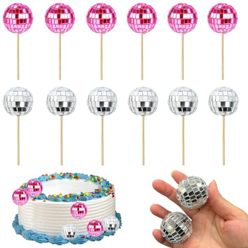 12PCS Disco Ball Cake Decorations with Bamboo Sticks, Disco Ball Cake Topper, Mini Disco Balls, Disco Cake Decorations for Disco Theme Party Supplies Cake Dessert Toppers(Silver Pink)