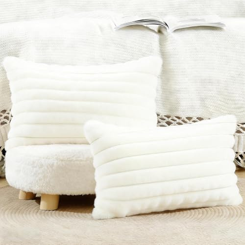 ABOHU Set med 2 dekorativa örngott i fuskpäls, 30 x 50 cm fluffiga randiga mjuka örngott, juldekorationer fluffiga örngott för soffa sovrum kudde skal krämvit