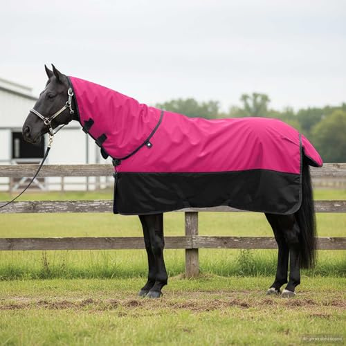 Teenpull Coperta per cavalli rosa e nera in poliestere, 75 cm, con chiusura regolabile sul petto e patta per coda, traspirante, impermeabile, coperta da esterno per stalla, pascolo e trasporto