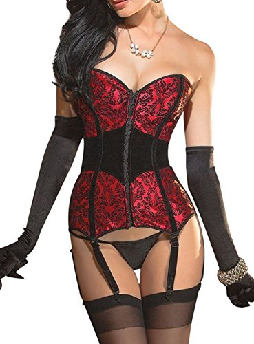 KUOSE Burleske Body Shaper Corpetto intero con reggicalze, nero/rosso, XXL
