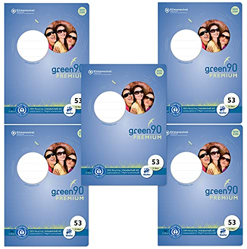 Staufen premio Vokabelheft - 5 Hefte je 32 Blatt, DIN A5, Lineatur 53 (liniert mit 1 Mittelstrich), premiumweißes 90g/m² Recyclingpapier, runde Ecken verhindern „Eselsohren“