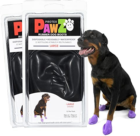 PawZ Rubber Dog Boots for Large Paws - All-Weather Waterproof Dog Shoes, Anti-Slip Traction for Rain, Snow, Mud & Hot Pavement - Pull-On Dog Booties, Black - Large (3- 4) - Pack of 24