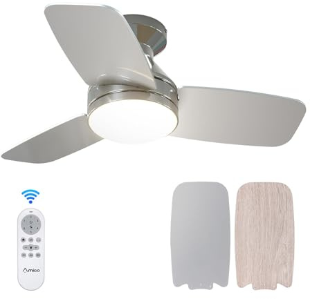 Amico Ceiling Fans with Lights, 30 inch Low Profile Ceiling Fan with Light and Remote Control, Flush Mount, Reversible, 3CCT, Dimmable, Noiseless, Nickel Ceiling Fan for Bedroom, Indoor/Outdoor Use