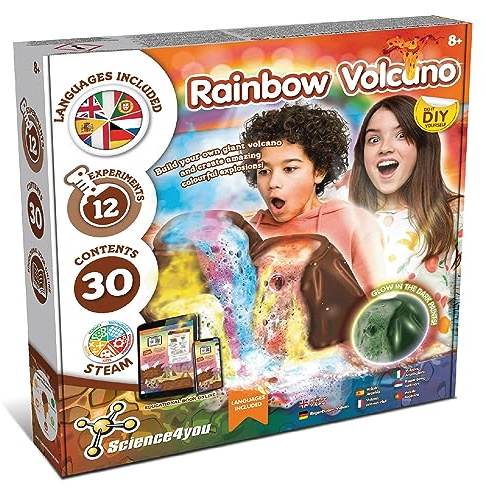 Science4you Volcán Arco Iris para Niños 8+ Años - Juego de Volcán Que Brilla en la Oscuridad con 12 Experimentos, Juegos y Juguetes para Regalos Educativos para Niños y Niñas 7 8 9 10+ Años