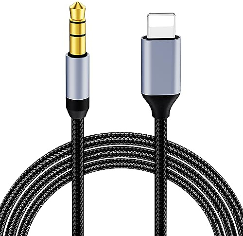 AXFEE Cable Auxiliar Coche para iPhone,1M Cable Audio Nylon Trenzado Aux Auxiliar,Cable de Audio Auxiliar Lightning a Jack 3,5 mm, Compatible con Phone 14/13/12/11/XS/XR/8/7