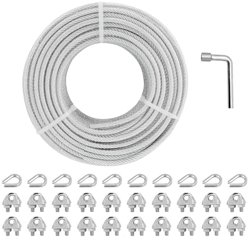 hannger Fune metallica da 0,3 cm, 30,5 m, kit tendicavo in acciaio con 7 × 7 fili, cavo in acciaio rivestito in PVC per kit di luci a corda, ringhiere per terrazze, ringhiere per scale, vele