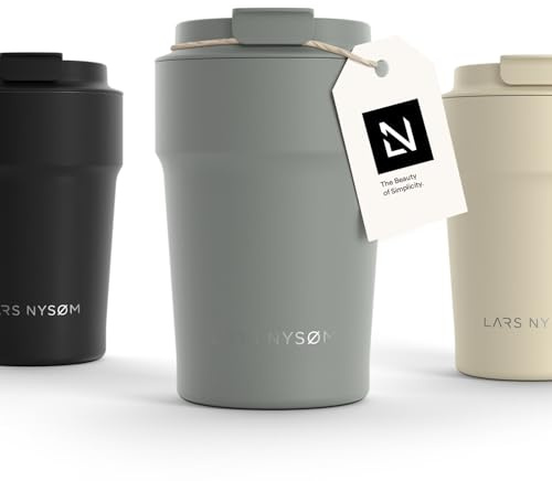 LARS NYSØM Thermo Kaffeebecher-to-go 380ml | er Travel Mug 0,38 Liter med isolering | Utsläppssäker rostfri termosmugg för kaffe och te på språng | Teebägare (Ash Gray, 380ml)