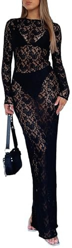 JNBFCDY Femmes Sexy Bretelles spaghetti Dentelle florale Bodycon Robe longue Été Maille transparente Encolure carrée Dos nu Fendu Robe Cami
