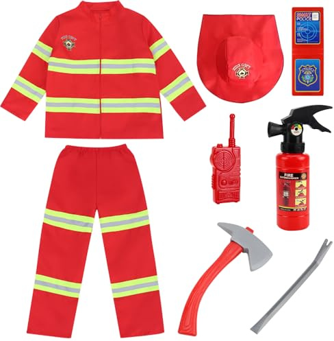 Vmxlso Brandman kostym för barn, brandman kostym med brandsläckare leksak, brandhjälm, walkie-talkie, brandman karnevalsklänning för barn 3 4 5 6 7 8 år