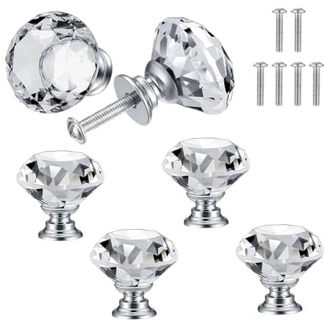 QUIIEOSKIA 6 Pcs Bouton de Porte de Cristal, Poignées de Diamant, Poignee de Meuble Diamant, Poignée Boutons Décoration de Armoire, Tiroir, Cuisine Bouton Poignées - 30 mm