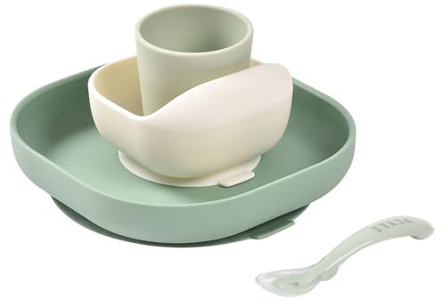 BÉABA, Set de Comida de Silicona para Bebé, Con Ventosa, Antideslizante, 4 Piezas, Plato + Bol + Vaso + Cuchara, Silicona Sana y Duradera, Apto para Lavavajillas, Apto para Microondas, Verde Salvia