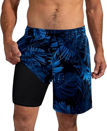 XiaoMoSha Mens Swimming Shorts Men Trunks with Compression Liner Quick Dry Board Shorts for Beach Surfing, LeafBlue, XL