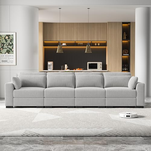 YNYHTER Sofa de 4 Plazas,Sofá Acolchado Sofas de Salon Cheslong Sofa Cama Chaise Longue Sofá Modular Suelo Chaise Longue Sofás Transformable de Pana con Cojín (Gris, 4 plazas)