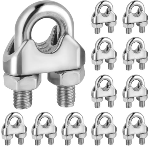 12 morsetti per fune metallica M6, in acciaio inox 304, DIN 741, morsetti per funi da 6 mm, morsetti per corda per il fissaggio di corde, per tende da sole, fili per biancheria, striscioni