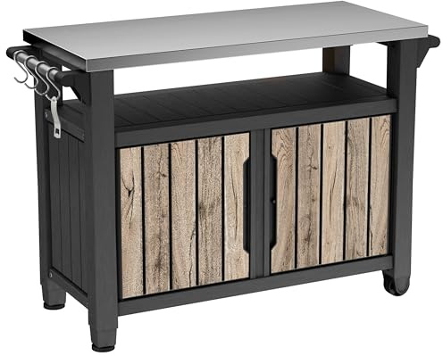 Keter Grilltisch Unity XL | Servicetisch in Holzoptik Pinie | 298 Liter | mit Edelstahlplatte, Türen, Ablagefläche, Aufhängungen, Küchenrollenhalter, Rollen und Griff | UV- & witterungsbeständig