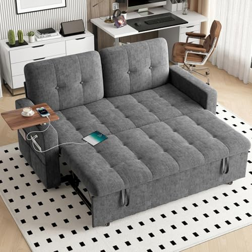 2 Seater Sofa Bed with USB & Type-C Charging Ports, 3 in 1 Convertible Corner Sleeper Chair Bed with 360° Swivel Table, 6-Position Adjustable Backrest, Pull Out Double Sofa Bed for Living Room (Grey)