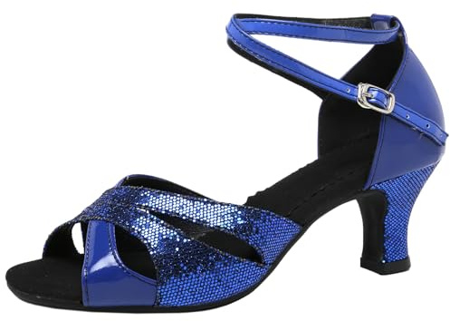 WUIWUIYU Women's Ankle Strap Dance Shoes for Ballroom Salsa Tango Flamenco Latin Paso Doble Footwear Size 7 Blue(Suede Sole)