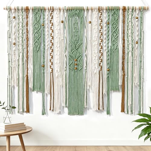 ZYUQFAN Gran tapiz de pared de macramé, tapiz bohemio verde, 98x75cm, estética, tejido de macramé verde, tapiz hecho a mano, decoración de pared boho, para dormitorio, cuarto de niños (Verde claro)