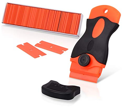 Ehdis Plastic Scraper with 100 Plastic Razor Blade, Adhesive Remover, Sticky Remover for removing Lable, Glue, Decal in the Glass, Window, Floor, Orange
