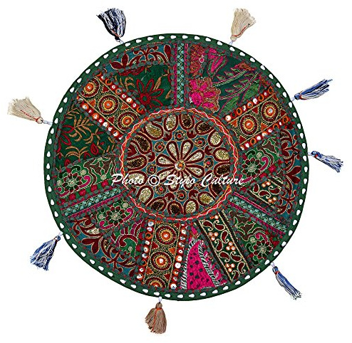 Stylo Culture Indien Patchwork Housse De Coussin De Sol Mandala 45 x 45cm Coussin De Sol Méditation Vert Foncé Rond Vintage Boho Élégant Décoratif Coton Oreiller Brodé Meubles Assis Couverture
