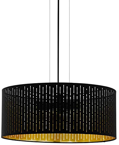 EGLO Pendelleuchte Varillas, 3 flammige Hängelampe, Hängeleuchte aus Stahl und Textil in Schwarz, Gold, Esstischlampe, Wohnzimmerlampe hängend mit E27 Fassung, Ø 53 cm