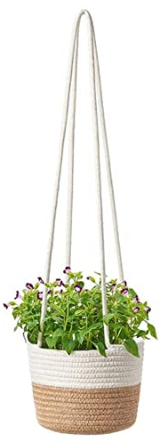 Blumentöpfe Hängende, 20cm Seegras Pflanzentopf, Hängender Pflanzerkorb, Natürliche Baumwolle Handgewebt Blumenampel Pflanzenaufhänger mit Langem Hängendem Seil für Indoor Outdoor Decor (Groß)