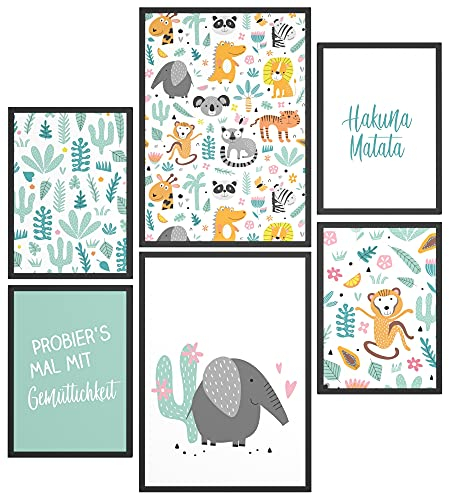 Papierschmiede® Bilder Kinderzimmer Kids Mood Poster Set Hakuna Matata Tiere, Kinderzimmer Bilder Babyzimmer Deko, 2x DIN A4 und 4x DIN A5, Löwe Dschungel Elefant - Kinderposter ohne Rahmen