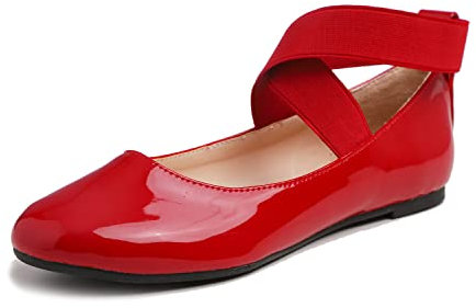 Feversole Women's Stretchy Elastic Ankle Straps Ballet Flats Shoes Red Patent Vegan Leather Size 6.5 UK