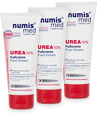 numis med Fußcreme mit 10% Urea - Hautberuhigende Fusscreme für sehr trockene & raue Füße - vegane Hautpflege ohne Silikone, Parabene & Mineralöl - Fußpflege 3er Pack (3x 100 ml)