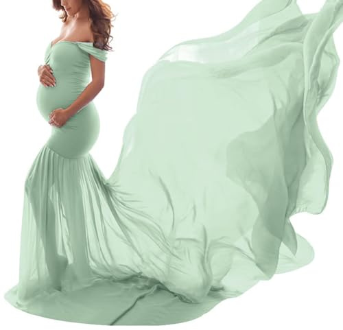 shownicer Robe de Maternité Tulle Robe de Grossesse sans épaule Séance Photo Maternité Maxi Robes Accessoires de Séance Photo Femmes Enceintes A Vert Clair Taille Unique
