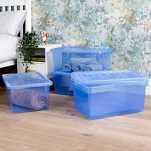Wham Crystal 5 x 45L Stackable Plastic Storage Boxes with Lids | Ideal for Home, Office, Toys & More | Large Boxes | Made in UK - Sparkle Blue