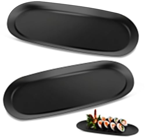 2 Stück Tablett Schwarz, Deko Tablett Edelstahl, Dekotablett Extra groß 30 x 12 cm, Dekoschale für Dessert Kosmetik Schmuck Kerzen, Kerzentablett, Deko Teller, Schwarz Ablageschale Metall