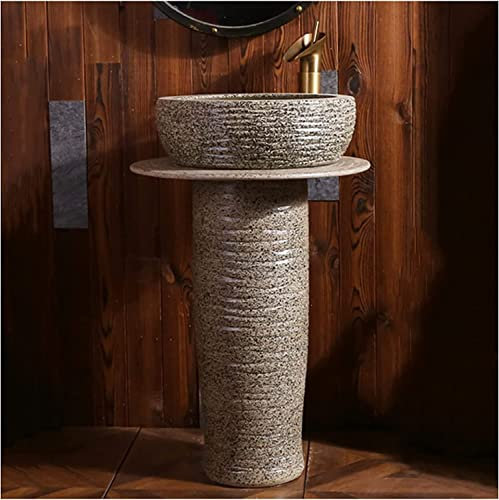 Vanity Unit with Basin,Bathroom Basin Sink with Full Pedestal, Pedestal Sink Ceramic wash Basin Pedestal washbasin, Kaolin Clay Pedestal Sink Round Freestanding Sink for Indoor and