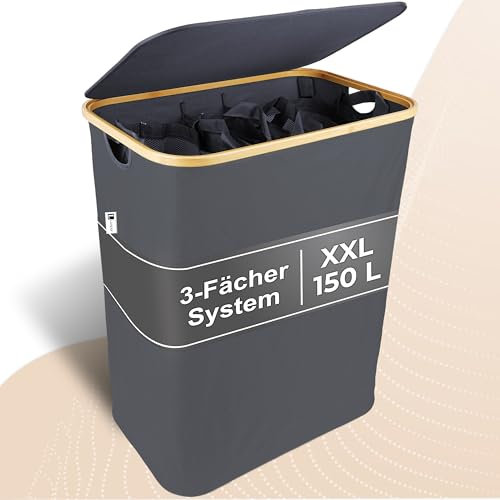 Luxpur® Wäschekorb XXL mit Deckel 3 Fächer Wäschesack Bambus Wäsche-Sortier-System Faltbare Wäschebox Wäschesammler Wäschetrenner Wäschetruhe Laundry Basket