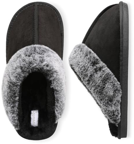 Besroad Mens Cozy Memory Foam Scuff Slippers Casual Slip On Warm House Shoes Indoor Outdoor Felt Sandal Plush Slippers Rubber Sole Black 8.5-9